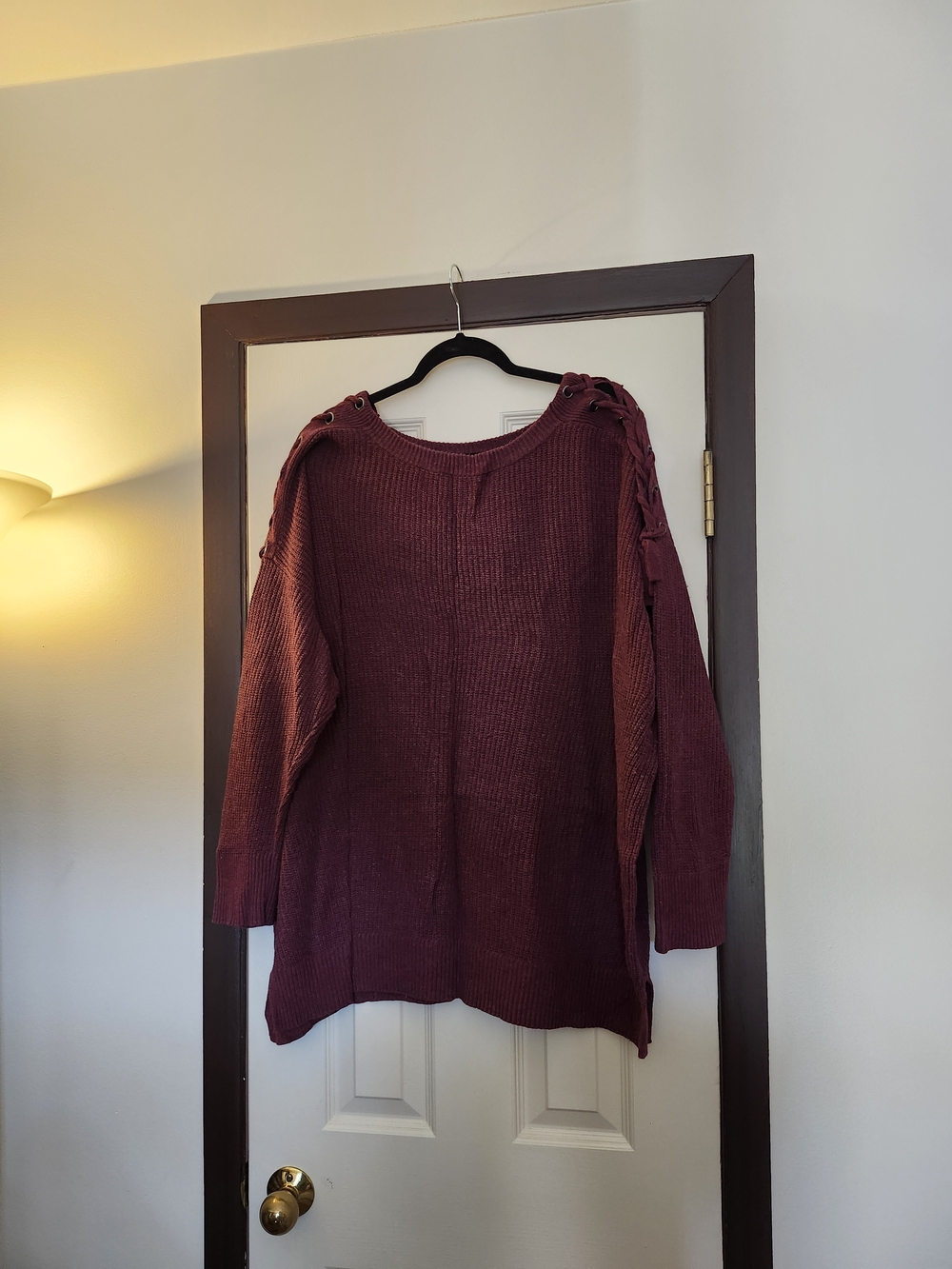 Cozy Lace-Shoulder Knit Sweater W/Lace-Up Shoulders in Burgundy -3x